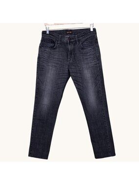 Edwin Blue Trip Jeans 32 x 27 Gray Slim Straight Whiskering Faux Leather Accent